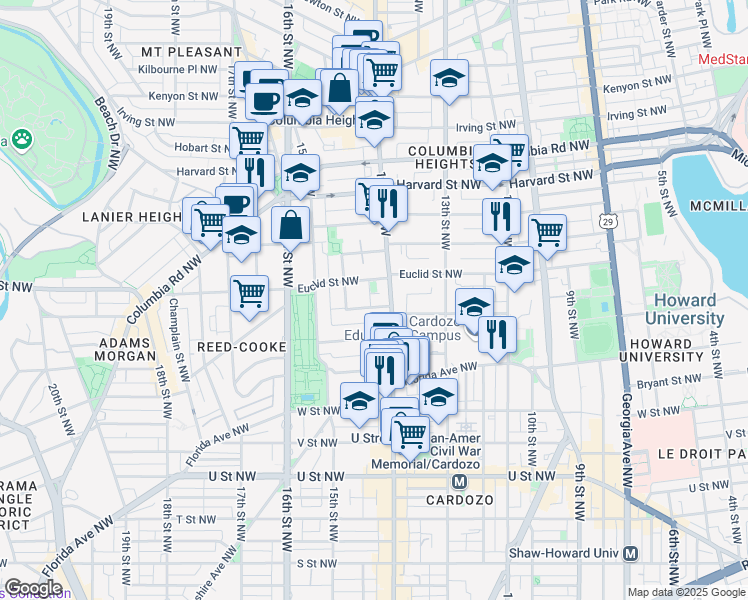 map of restaurants, bars, coffee shops, grocery stores, and more near 1419 Clifton Street Northwest in Washington
