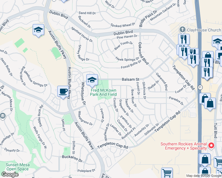 map of restaurants, bars, coffee shops, grocery stores, and more near 6102 Corinth Drive in Colorado Springs