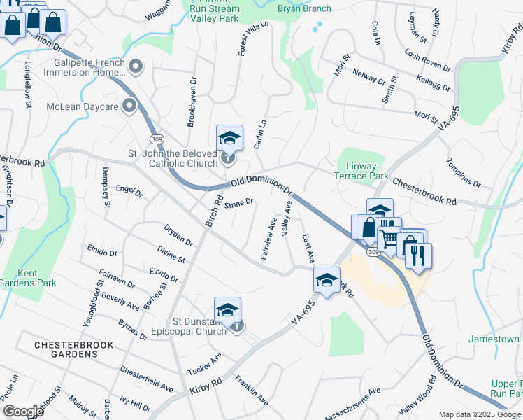 map of restaurants, bars, coffee shops, grocery stores, and more near 1661 Strine Drive in McLean