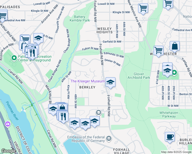 map of restaurants, bars, coffee shops, grocery stores, and more near 4507 Foxhall Crescent Northwest in Washington
