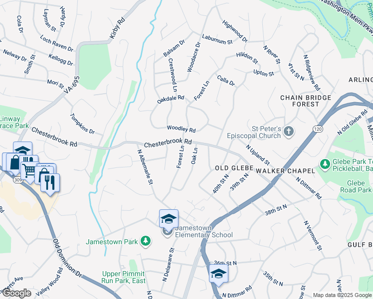 map of restaurants, bars, coffee shops, grocery stores, and more near 1623 Forest Lane in McLean