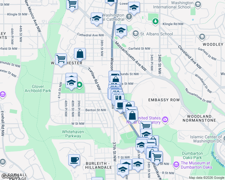 map of restaurants, bars, coffee shops, grocery stores, and more near 37th Street Northwest in Washington