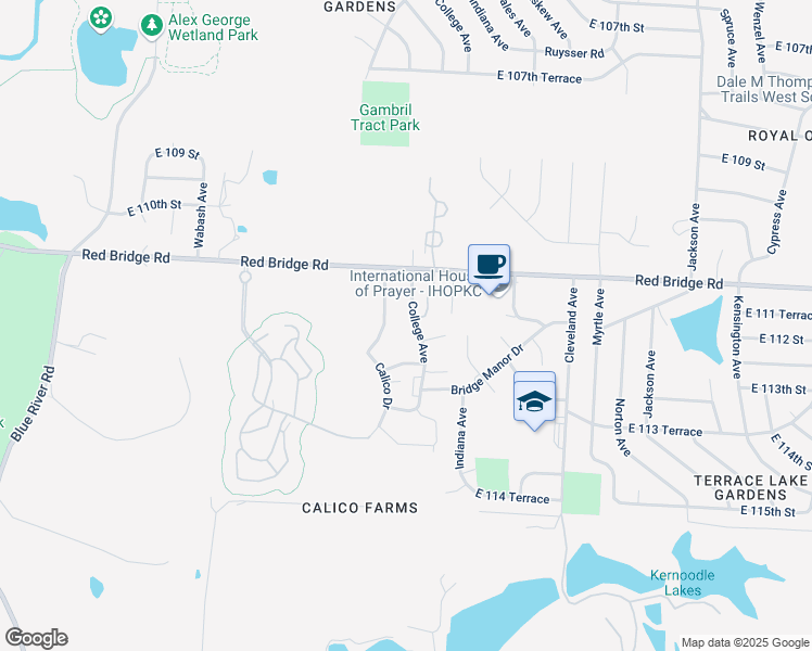 map of restaurants, bars, coffee shops, grocery stores, and more near 11206 College Avenue in Kansas City