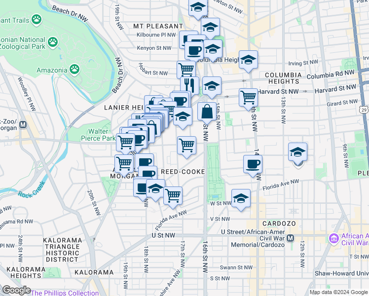 map of restaurants, bars, coffee shops, grocery stores, and more near 1654 Euclid Street Northwest in Washington