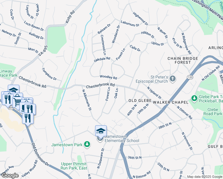 map of restaurants, bars, coffee shops, grocery stores, and more near 1623 Forest Lane in McLean