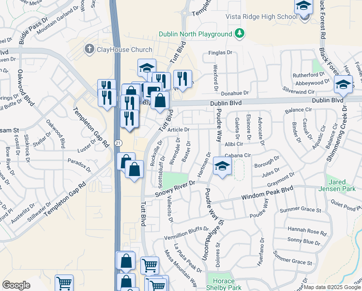 map of restaurants, bars, coffee shops, grocery stores, and more near 6299 Riverdale Drive in Colorado Springs