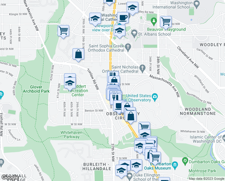 map of restaurants, bars, coffee shops, grocery stores, and more near 2501 Wisconsin Avenue Northwest in Washington