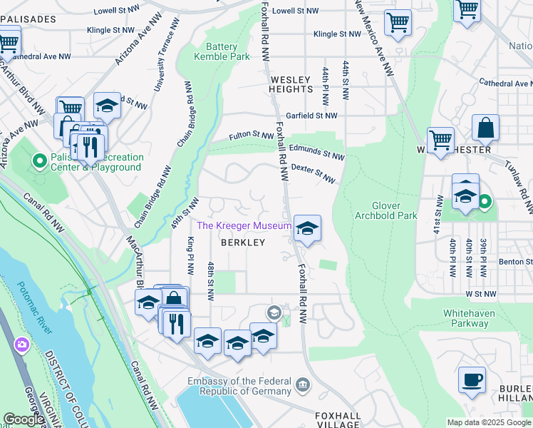 map of restaurants, bars, coffee shops, grocery stores, and more near 4507 Foxhall Crescent Northwest in Washington