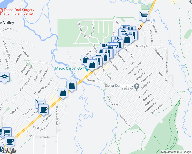 map of restaurants, bars, coffee shops, grocery stores, and more near 1024 Lodi Avenue in South Lake Tahoe