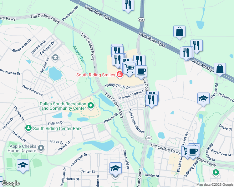 map of restaurants, bars, coffee shops, grocery stores, and more near 42814 Eggleston Terrace in Chantilly