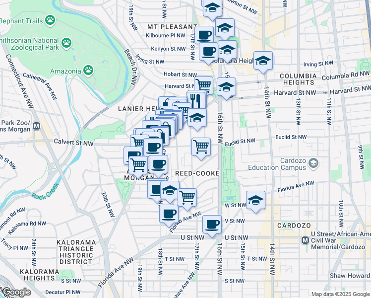 map of restaurants, bars, coffee shops, grocery stores, and more near 1714 Euclid Street Northwest in Washington