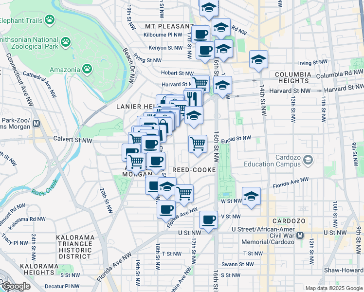 map of restaurants, bars, coffee shops, grocery stores, and more near 1714 Euclid Street Northwest in Washington