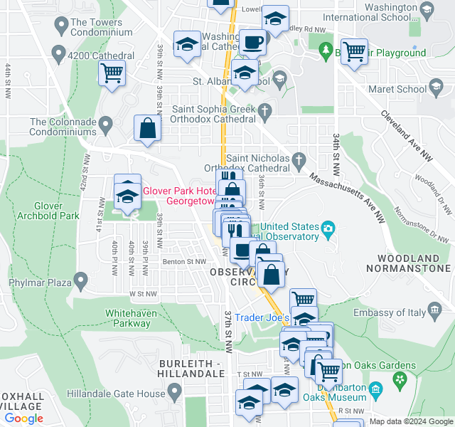 map of restaurants, bars, coffee shops, grocery stores, and more near 2501 Wisconsin Avenue Northwest in Washington