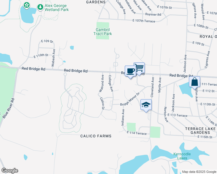 map of restaurants, bars, coffee shops, grocery stores, and more near 11204 College Avenue in Kansas City