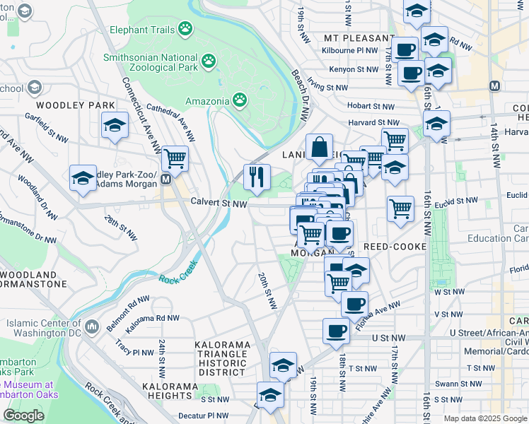 map of restaurants, bars, coffee shops, grocery stores, and more near 1946 Calvert Street Northwest in Washington
