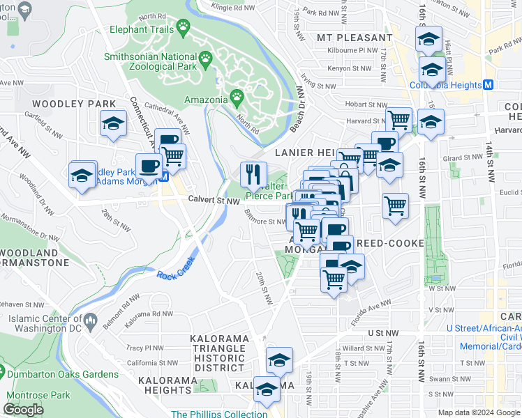 map of restaurants, bars, coffee shops, grocery stores, and more near 1946 Calvert Street Northwest in Washington