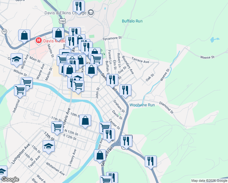 map of restaurants, bars, coffee shops, grocery stores, and more near 27 Randolph Avenue in Elkins