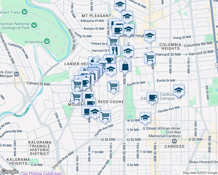 map of restaurants, bars, coffee shops, grocery stores, and more near 1686 Euclid Street Northwest in Washington