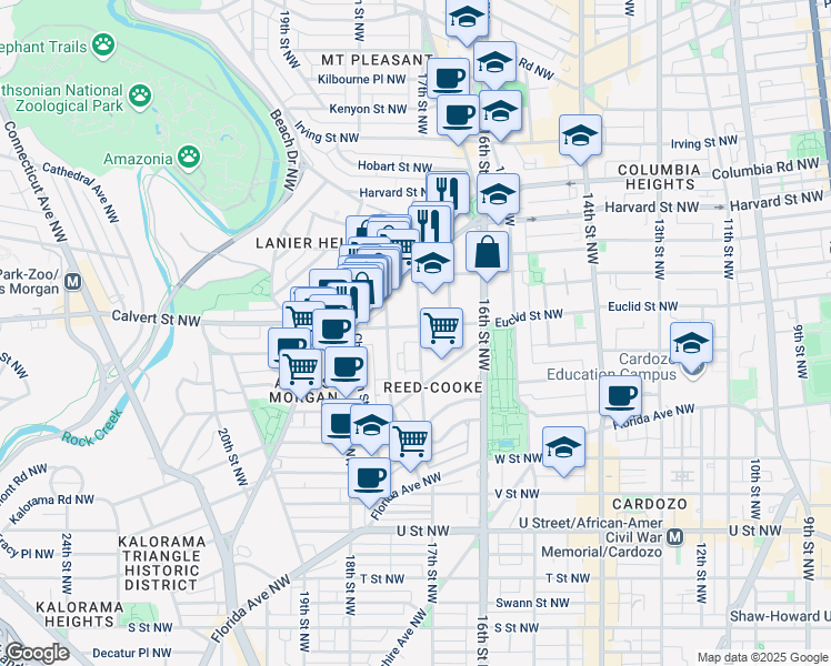 map of restaurants, bars, coffee shops, grocery stores, and more near 1700 Euclid Street Northwest in Washington