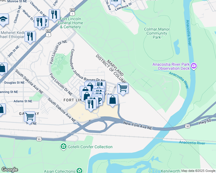 map of restaurants, bars, coffee shops, grocery stores, and more near 3802 Hansberry Court Northeast in Washington