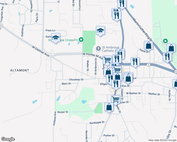 map of restaurants, bars, coffee shops, grocery stores, and more near 2703 Walter Street in Godfrey