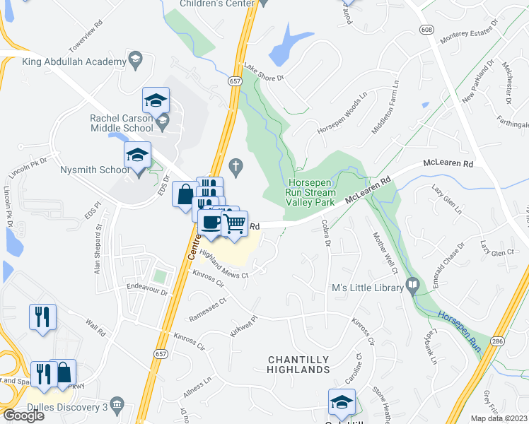 map of restaurants, bars, coffee shops, grocery stores, and more near 13520 McLearen Road in Herndon