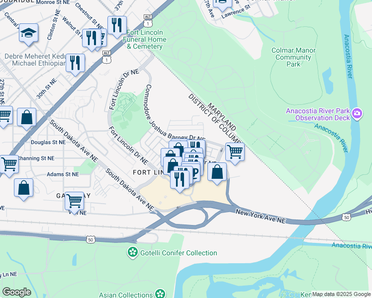 map of restaurants, bars, coffee shops, grocery stores, and more near 3701 Hansberry Court Northeast in Washington