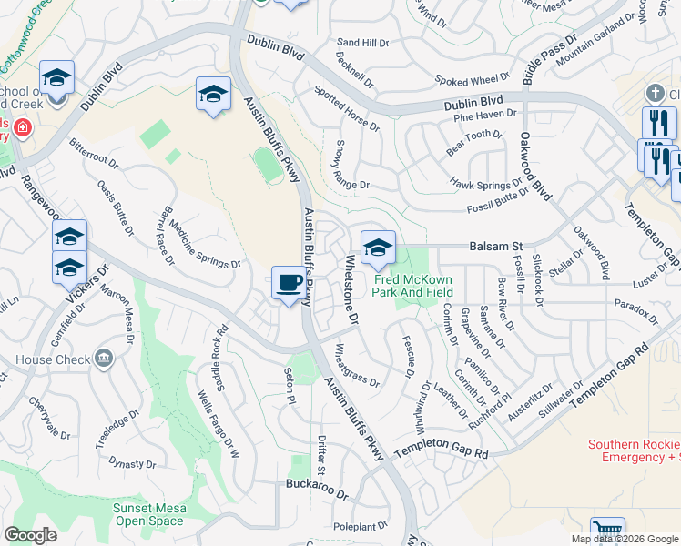map of restaurants, bars, coffee shops, grocery stores, and more near 6416 Honey Grove in Colorado Springs