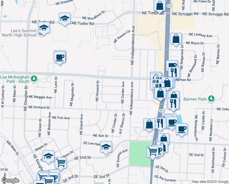 map of restaurants, bars, coffee shops, grocery stores, and more near 609 Northeast Darwin Street in Lee's Summit