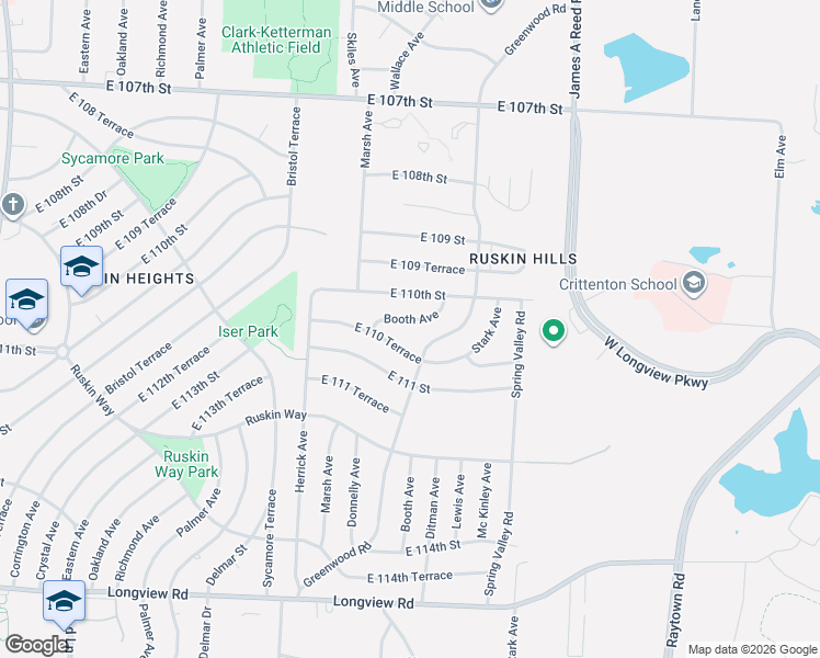 map of restaurants, bars, coffee shops, grocery stores, and more near 11020 Booth Avenue in Kansas City