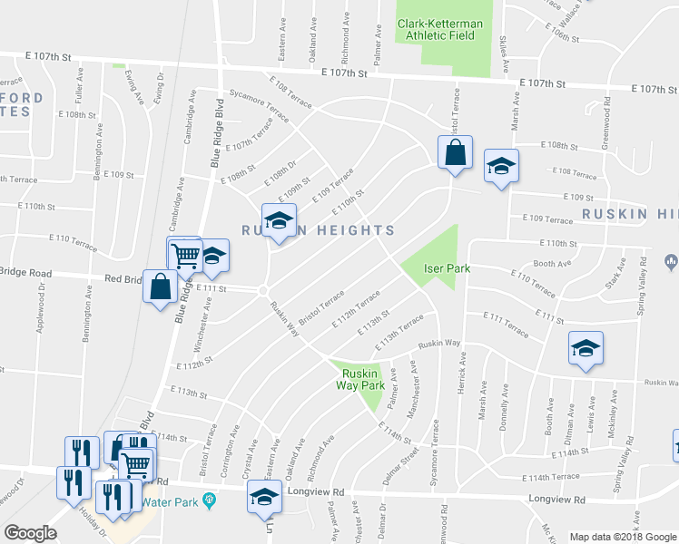 map of restaurants, bars, coffee shops, grocery stores, and more near 7605 East 112th Street in Kansas City