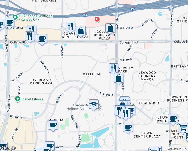 map of restaurants, bars, coffee shops, grocery stores, and more near 11200 Outlook Street in Leawood