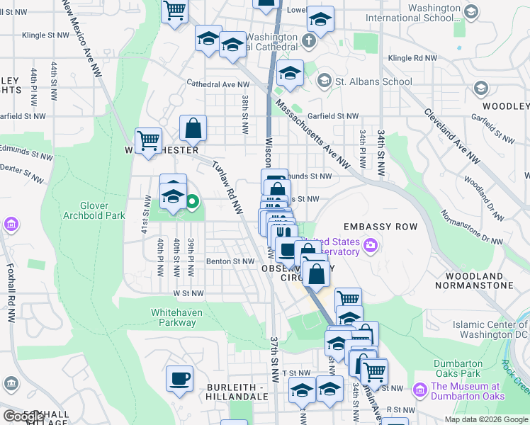map of restaurants, bars, coffee shops, grocery stores, and more near 2500 Wisconsin Avenue Northwest in Washington