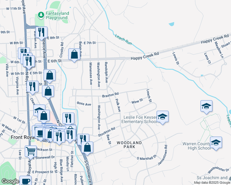 map of restaurants, bars, coffee shops, grocery stores, and more near 902 Braxton Road in Front Royal