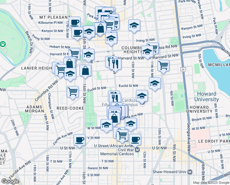 map of restaurants, bars, coffee shops, grocery stores, and more near 2550 14th Street Northwest in Washington