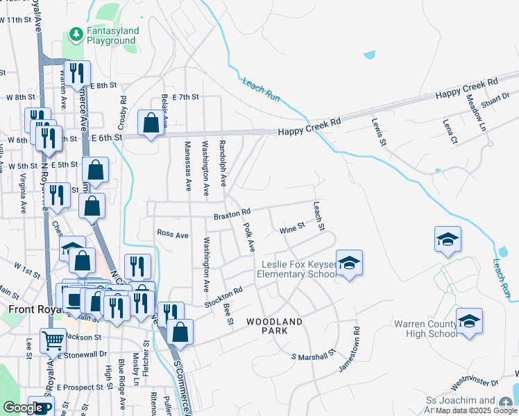 map of restaurants, bars, coffee shops, grocery stores, and more near 924 Braxton Road in Front Royal