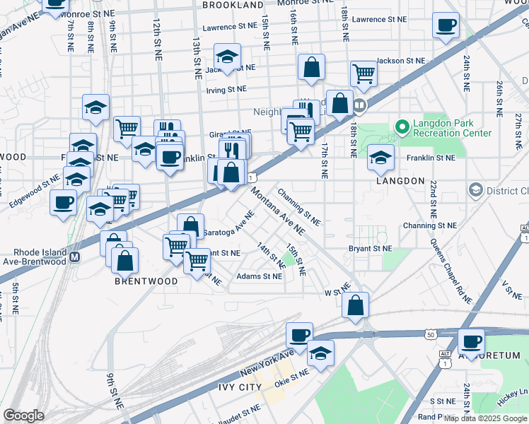 map of restaurants, bars, coffee shops, grocery stores, and more near 1421 Saratoga Avenue Northeast in Washington