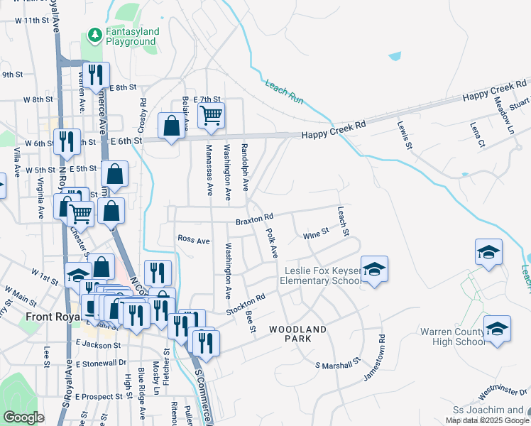 map of restaurants, bars, coffee shops, grocery stores, and more near 902 Braxton Road in Front Royal