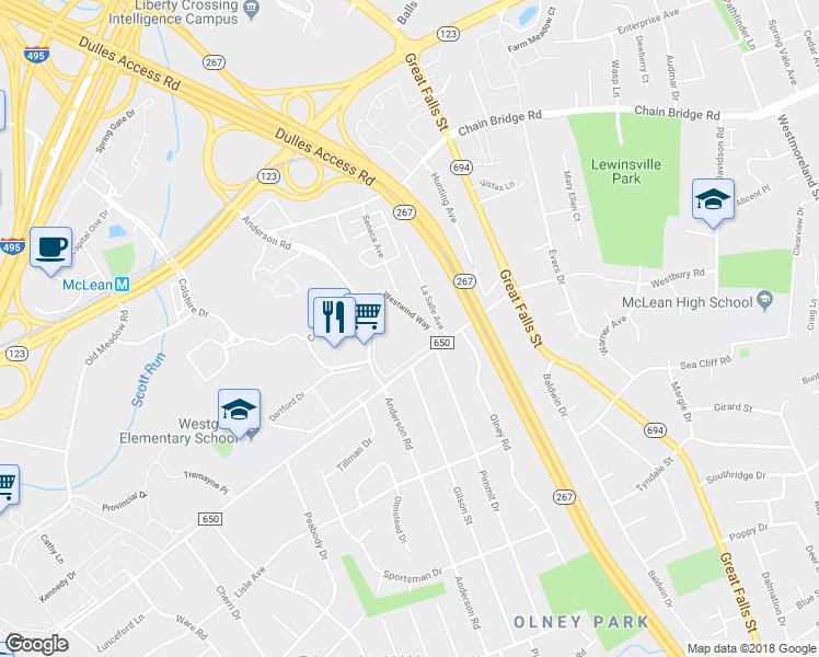 map of restaurants, bars, coffee shops, grocery stores, and more near 1724 Westwind Way in McLean