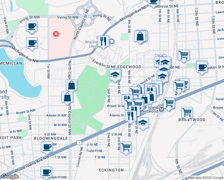 map of restaurants, bars, coffee shops, grocery stores, and more near 210 Cromwell Terrace Northeast in Washington