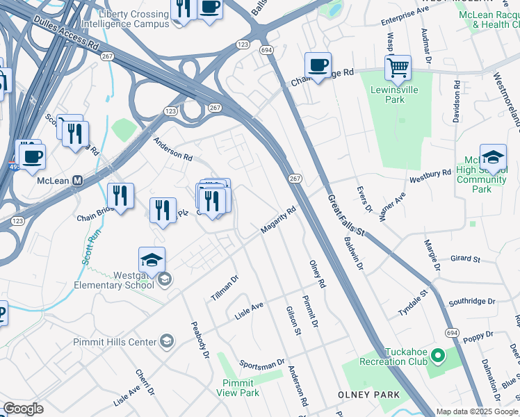 map of restaurants, bars, coffee shops, grocery stores, and more near 1724 Westwind Way in McLean