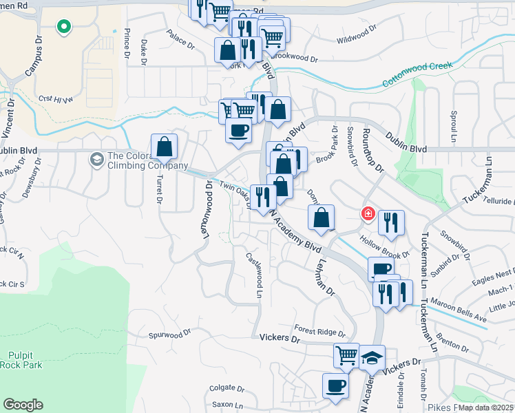 map of restaurants, bars, coffee shops, grocery stores, and more near 6450 North Academy Boulevard in Colorado Springs