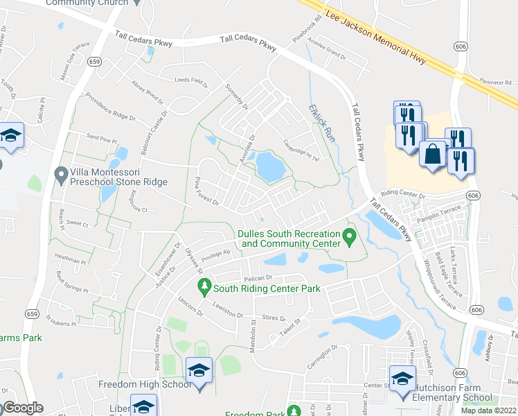 map of restaurants, bars, coffee shops, grocery stores, and more near Elwen Terrace in Chantilly