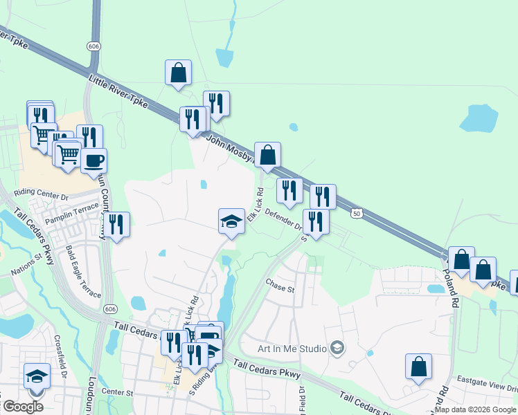 map of restaurants, bars, coffee shops, grocery stores, and more near 43215 Defender Drive in Chantilly