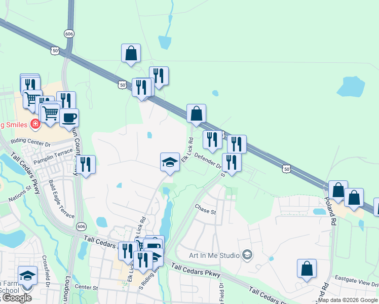 map of restaurants, bars, coffee shops, grocery stores, and more near in South Riding