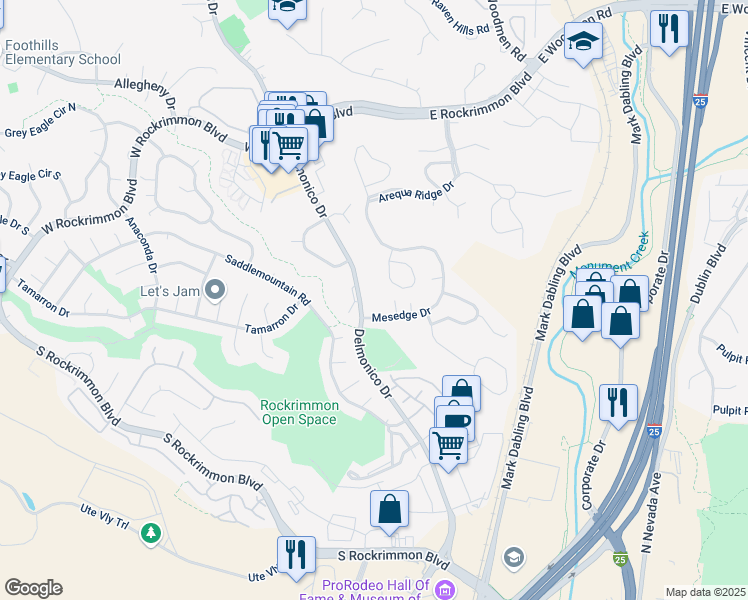 map of restaurants, bars, coffee shops, grocery stores, and more near 6365 Delmonico Drive in Colorado Springs