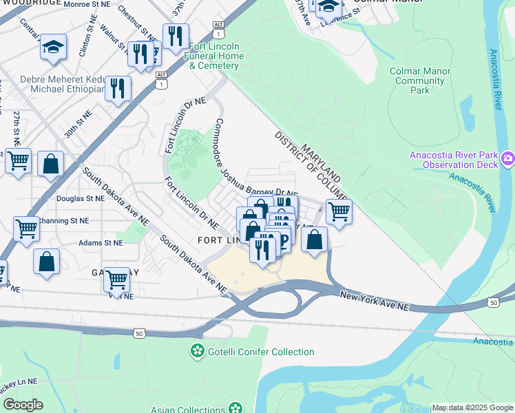 map of restaurants, bars, coffee shops, grocery stores, and more near 2514 Ralph Ellison Way Northeast in Washington