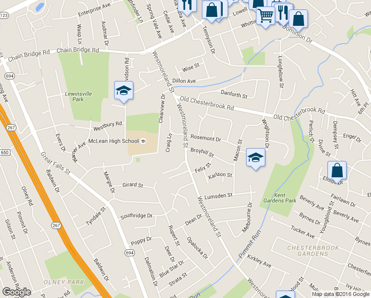 map of restaurants, bars, coffee shops, grocery stores, and more near Westmoreland St & Broyhill St in McLean