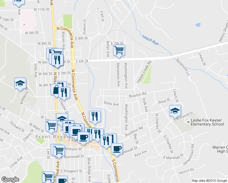 map of restaurants, bars, coffee shops, grocery stores, and more near 500 Happy Creek Road in Front Royal