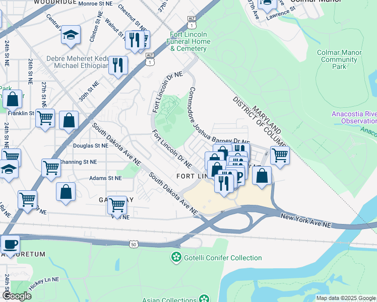 map of restaurants, bars, coffee shops, grocery stores, and more near 2482 Baldwin Crescent Northeast in Washington